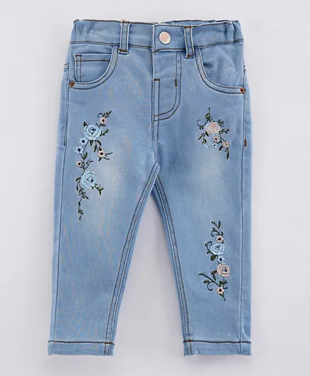 ToffyHouse Full Length Jeans With Adjustable Elastic Floral Embroidery - Light Blue
