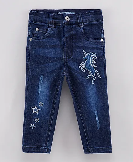 ToffyHouse Full Length Distressed Denim Jeans with Adjustable Elastic Waist Unicorn Embroidery - Blue