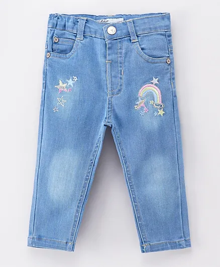 ToffyHouse Full Length Denim Jeans with Adjustable Elastic Waist Rainbow Embroidery - Blue