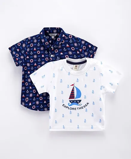 ToffyHouse Half Sleeves Printed Shirt with Tee - Navy Blue