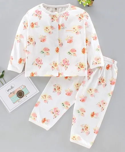 ToffyHouse Full Sleeves Night Suit Flower Print  - White