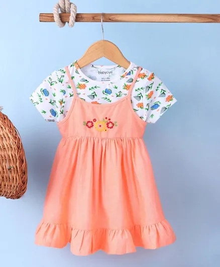Babyoye Cotton Frock With Short Sleeves Tee & Bloomer Floral Embroidery - Peach White