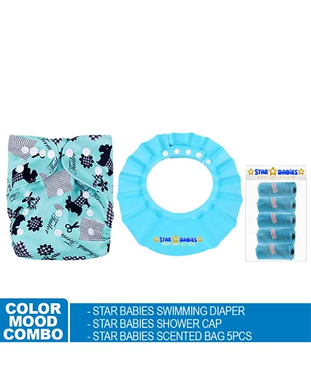Star Babies Combo Pack Reusable Swim Diaper, Scented Bags & Shower Cap - Blue