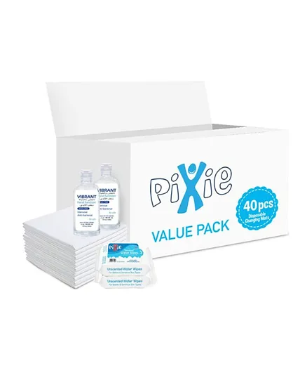 Pixie Disposable Changing Mats 40 + Pixie Water Wipes 72 Pieces + Vibrant Sanitizers 100ml x 2 - Value Pack