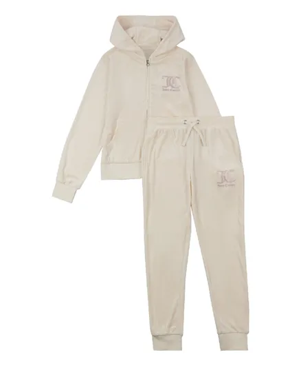 Juicy Couture Logo Graphic Zip Hoodie and Slim Joggers/Co-ord Set - Cream