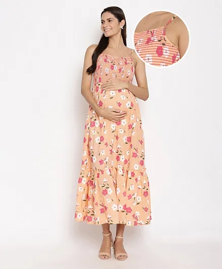 Bella Mama Singlet Sleeves Smocked Maternity Dress Floral Print - Peach