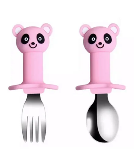 Brain Giggles Short Handle Stainless Steel Baby Training Fork & Spoon Set - Bear