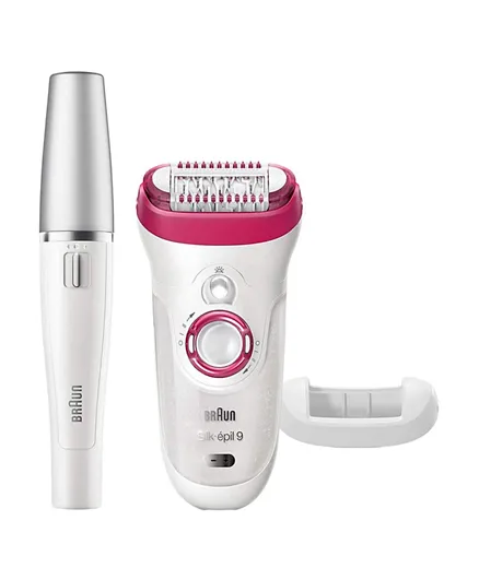 بران - آلة إزالة الشعر سيلك-ايبل 9 9-538 اصدار اضافي اللاسلكية للاستخدام الرطب والجاف مع إضافتين تشملان آلة إزالة شعر الوجه - أبيض وفوشيا