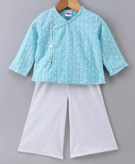 Babyhug Full Sleeves Chikankari Work Kurta and Pyjama Set - Blue Off White