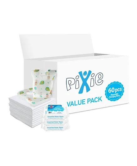 Pixie 60 Disposable Changing Mats with 60 Bibs & 108 Water Wipes - Value Pack