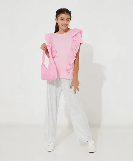 Neon Brode Frilled Sleeves Top - Pink