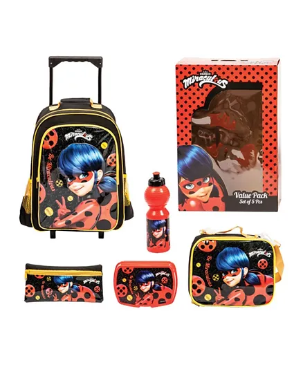 Miraculous Trolley Backpack + Pencil Pouch + Lunch Bag + Lunch Box + Water Bottle - Set of 5