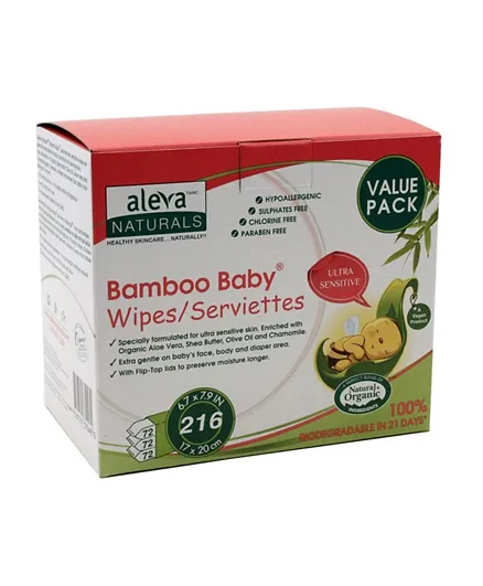 Aleva Naturals Bamboo Baby Wipes Sens Club Pack - 216 Wipes