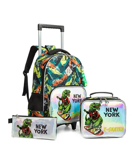 إيزي كيدز - مجموعة مكونة من حقيبة مدرسية بعجلات، حقيبة غداء، ومقلمة بتصميم ديناصور بلون أخضر - 18 بوصة.