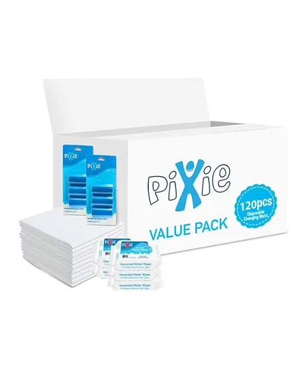 Pixie 120 Disposable Changing Mats with 180 Water Wipes & 120 Nappy Bags - Value Pack