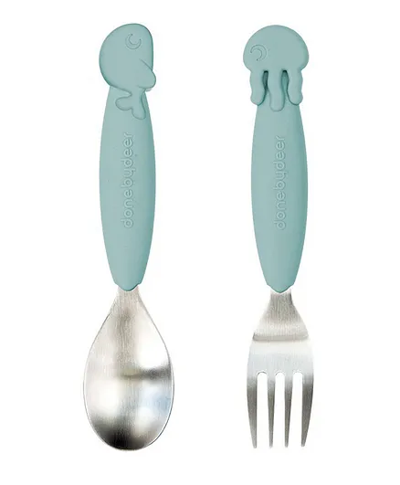 Done By Deer Yummyplus Spoon & Fork Set Sea Friends - Blue