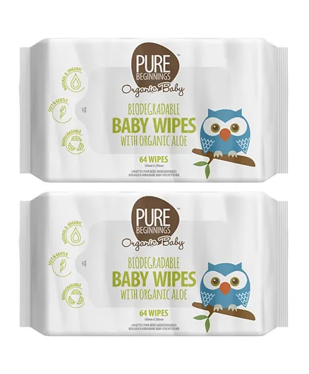 Pure Beginnings Biodegradable Organic Baby Wipes Pack Of 2 -  64 Each
