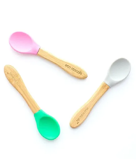 Eco Rascals Pack Of 3 Mixed Colour Bamboo Spoon Sets - Grey Pink & Green