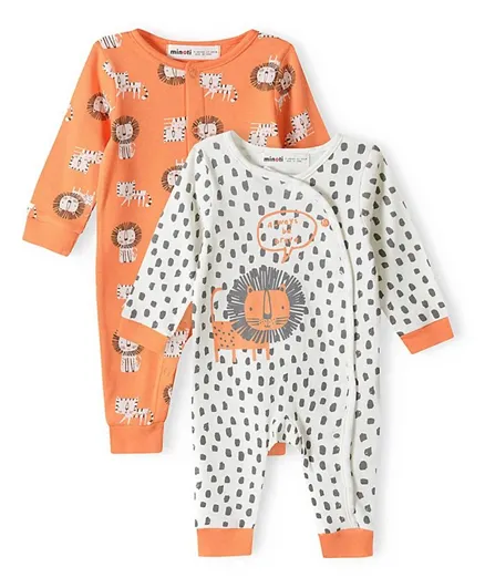 Minoti 2-Pack Cotton All Over Lions & Cats Printed Front Open Rompers - Orange/White