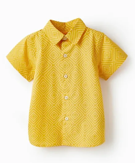 زيبي - قميص قطني مطبوع بأكمام قصيرة - أصفر