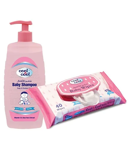 Cool & Cool Baby Shampoo 500 ml + Free 40 Baby Wipes Regular - Pink