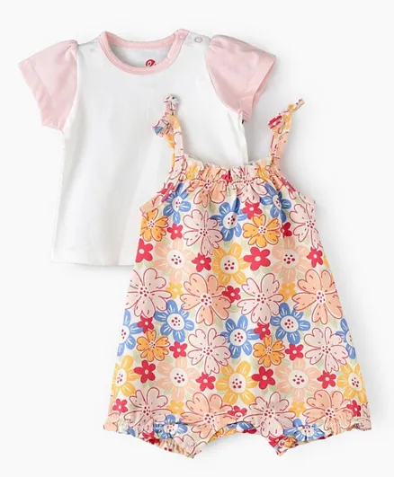 Tiny Hug Floral Printed & Dungaree with T-shirt Set - Multicolor