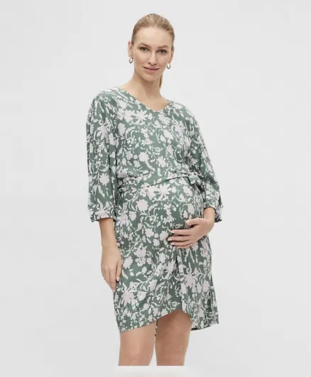 Mamalicious V Neck Floral Maternity Dress - Green