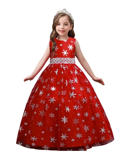 فستان ماكسي طويل دي دانيلا بنقشة الثلج - أحمر