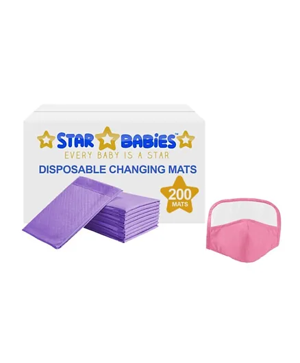 Star Babies Combo Disposable Changing Mats Lavender - 200 Pieces + 1 Mask with Eye Shield
