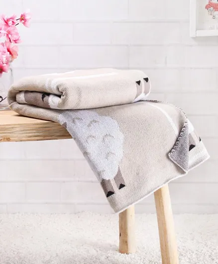 Babyhug Premium Knitted 100% Cotton All Season Blanket Sheep Print - Light Brown
