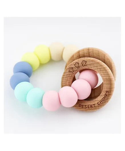 Desert Chomps Ringlet Classic Silicone & Wooden Rattle Teether - Rainbow