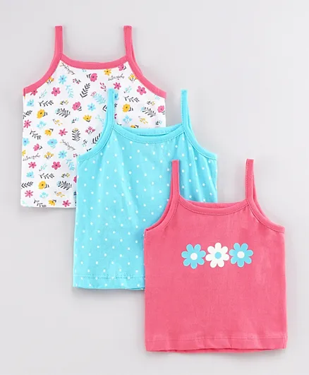 Babyhug 100%Cotton Singlet Slips With Antibacterial Finish  Floral & Dot Print Pack of 3 - Blue Pink White
