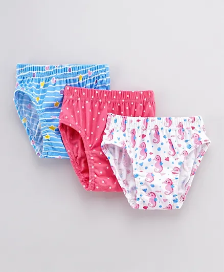 Babyhug 100% Cotton Antibacterial Finish Printed Panties Pack of 3 - Blue White Pink
