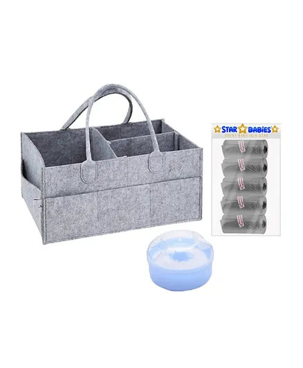 Star Babies Caddy Diaper Organizer with Scented Bag Pack of 5 (75 bags) + Powder Puff - Grey