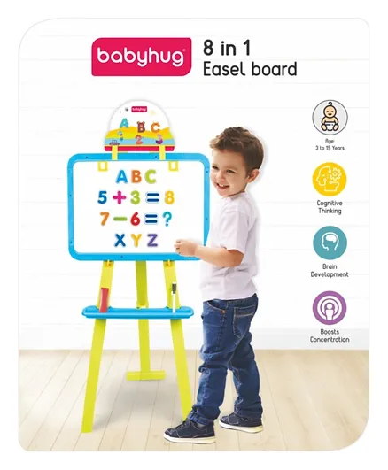 Babyhug 8 in 1 Multifunctional Easel Board for Kids - Double-Sided Painting & Drawing Stand, Blue & Green, Compact Storage
