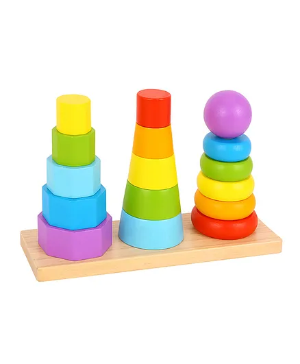 Wooden Shape Tower With 3 Poles Multicolor - 21 Pieces