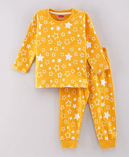 Babyhug Full Sleeves Night Suit Star Print - Yellow