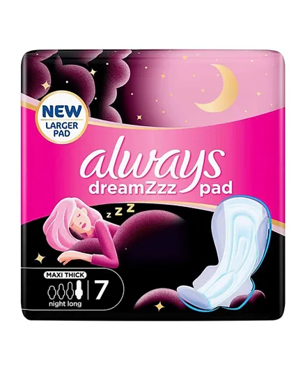 Always Dreamzz pad Cotton Soft Maxi Thick Night Long Sanitary Pads with Wings - 7 Pieces