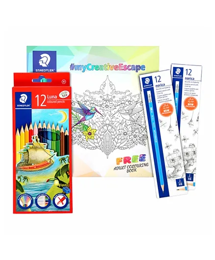 Staedtler Luna Coloured Pencil with Norica Pencil and Colouring Book Set - 37 Pieces