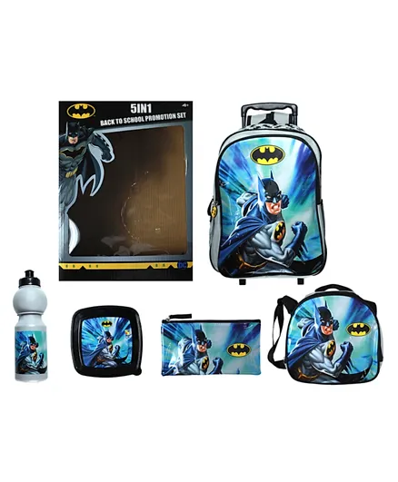 DC Comics Batman 16 inch Trolley Backpack + Pencil Pouch + Lunch Bag + Lunch Box + Water Bottle