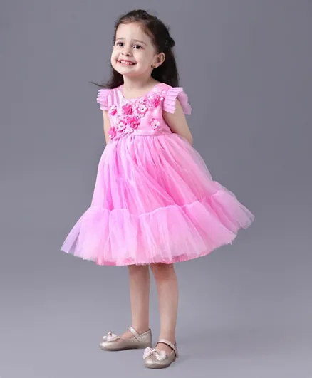 Babyhug Party Frock with Floral Applique - Pink