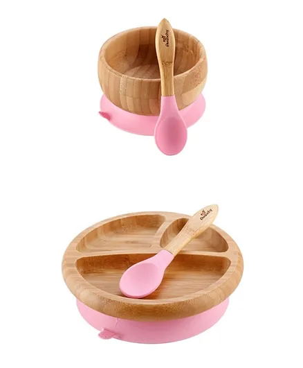 Avanchy Bamboo Suction Bowl, Plate & Spoon Set - Pink