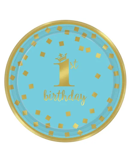 Party Centre 1st Birthday Blue & Gold Round Metallic Paper Plates - Pack of 8