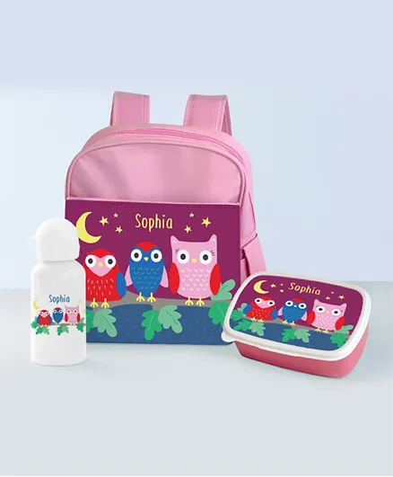Essmak Nocturnal Hoots Personalized Backpack Set Pink - 11 Inches