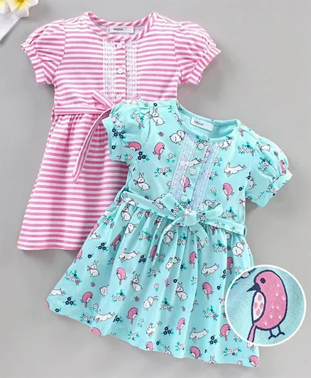 Babyoye Cotton Blend Short Sleeves Frock Pack of 2 - Pink Blue