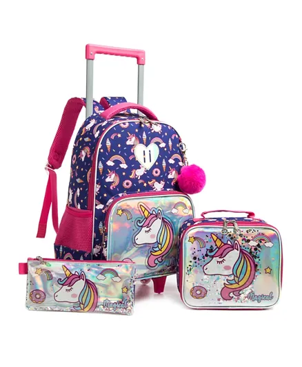 إيزي كيدز - حقيبة مدرسية على عجلات وحقيبة غداء ومقلمة يونيكورن كروم - 18 إنش