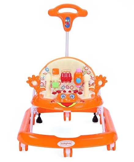 Babyhug First Walk Musical Walker With Parent Push Handle Safety Stopper and 4 Level Height Adjustment - Orange