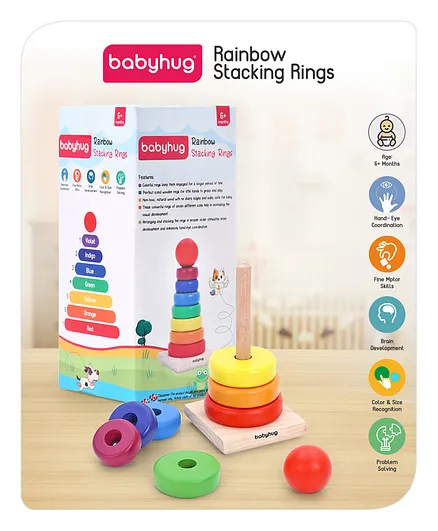 Babyhug Montessori Wooden Rainbow Stacking Rings Multicolour - 7 rings