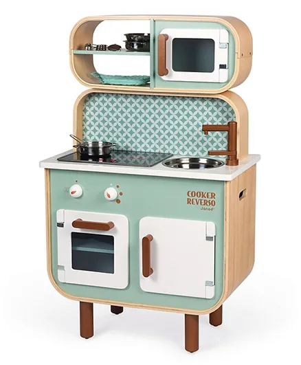 Janod Big Cooker Reverso Retro Wooden Kitchen and Laundry Playset Toy with 8 Accessories - Blue
