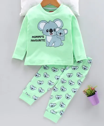 Babyhug Full Sleeves Night Suit Bear Print - Green